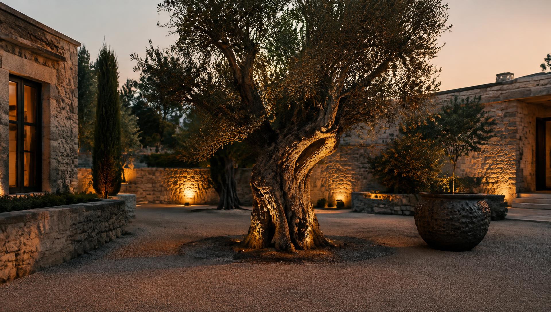 A sculpted ancient olive tree lit as the centerpiece of a stone courtyard at dusk