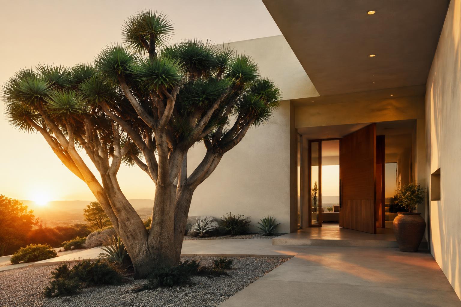 A multi-head dragon tree framing a modern estate entry at golden hour