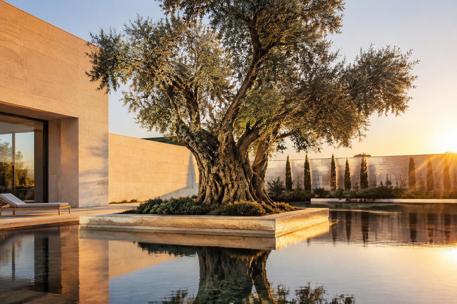 A specimen olive tree set in a modern California courtyard